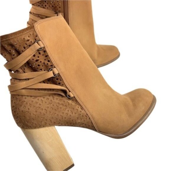 Miss Albright Suede Laser Cut Strappy Ankle Booties Wooden Heel - Picture 9 of 10